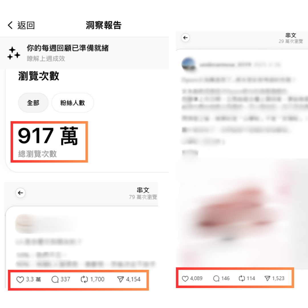 社群洞察報告，素材顯示總瀏覽次數 917 萬與貼文互動記錄